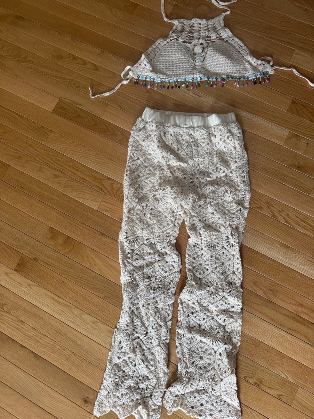 Crochet Lace Beach Wide-Leg Pants TOP set - Ivory